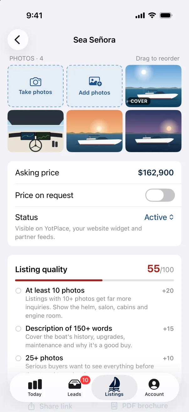 Photos and price changes from the dock: Shoot photos with the camera and they're on the listing in seconds. Drag to reorder, change the price or mark it under contract.