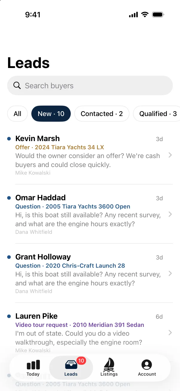 New leads, the moment they arrive: A push for every inquiry, typed as a question, showing, video tour or offer. Call or mark it contacted with a swipe.