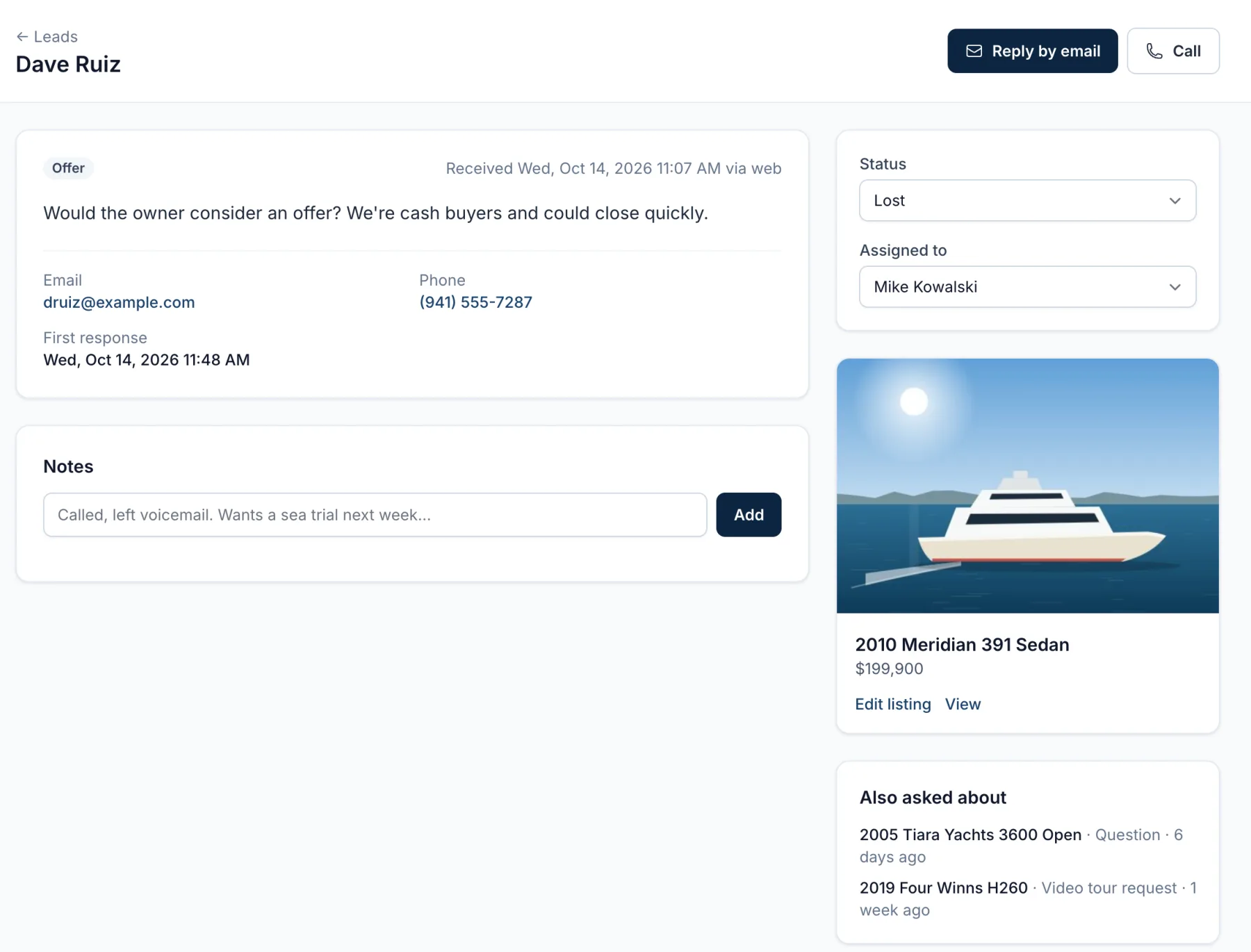 Lead inbox screen in the YotPlace dashboard
